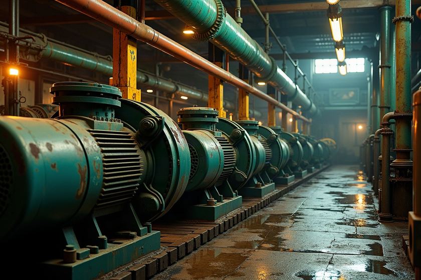 Sala de bombas industrial con equipos en línea