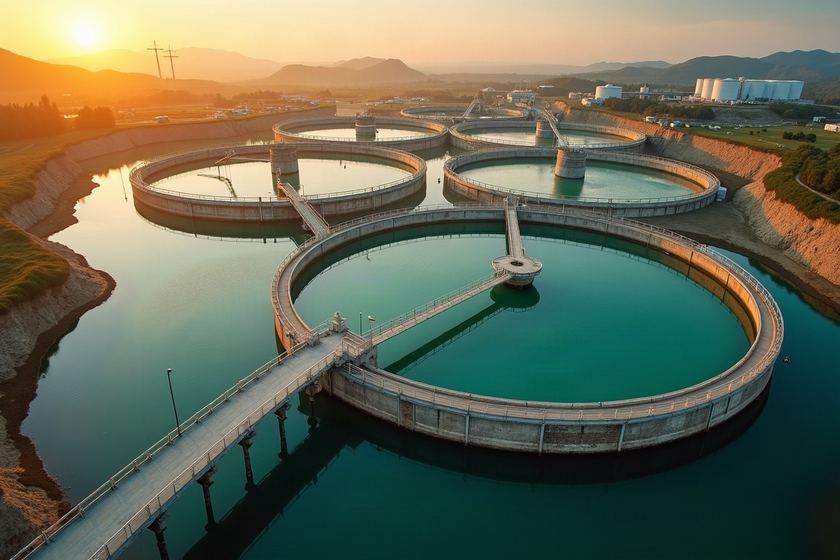 Planta de tratamiento de agua con estanques clarificadores